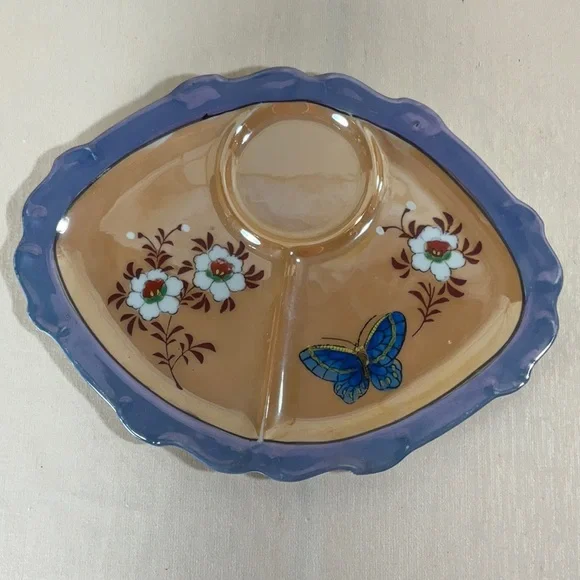 1950’s Japanese Lustreware Set, Sugar Bowl Creamer, 2 Divided Plates, 2 Tea Cups